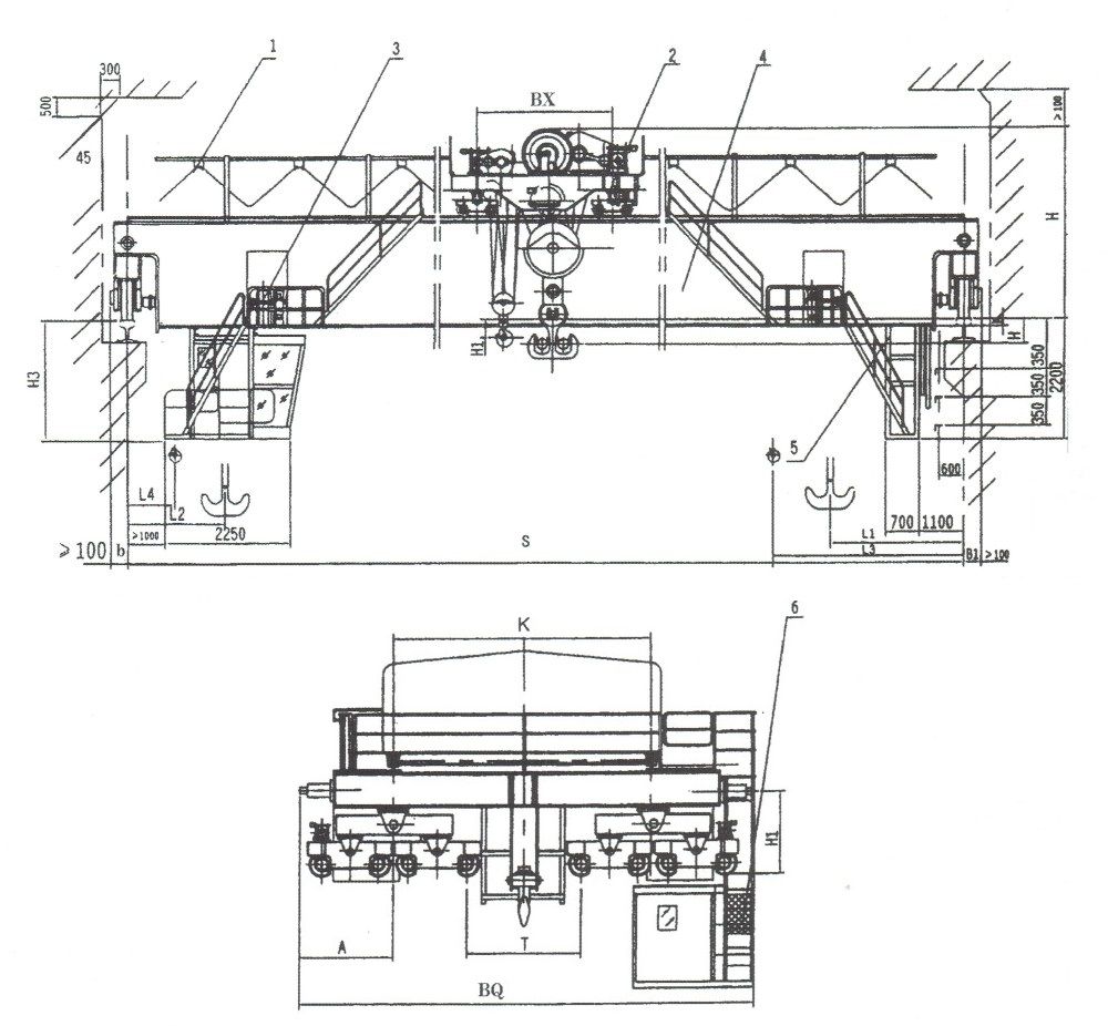 QD型吊鉤橋式起重機外形尺寸圖（125/32、160/50、200/50、250/50噸）